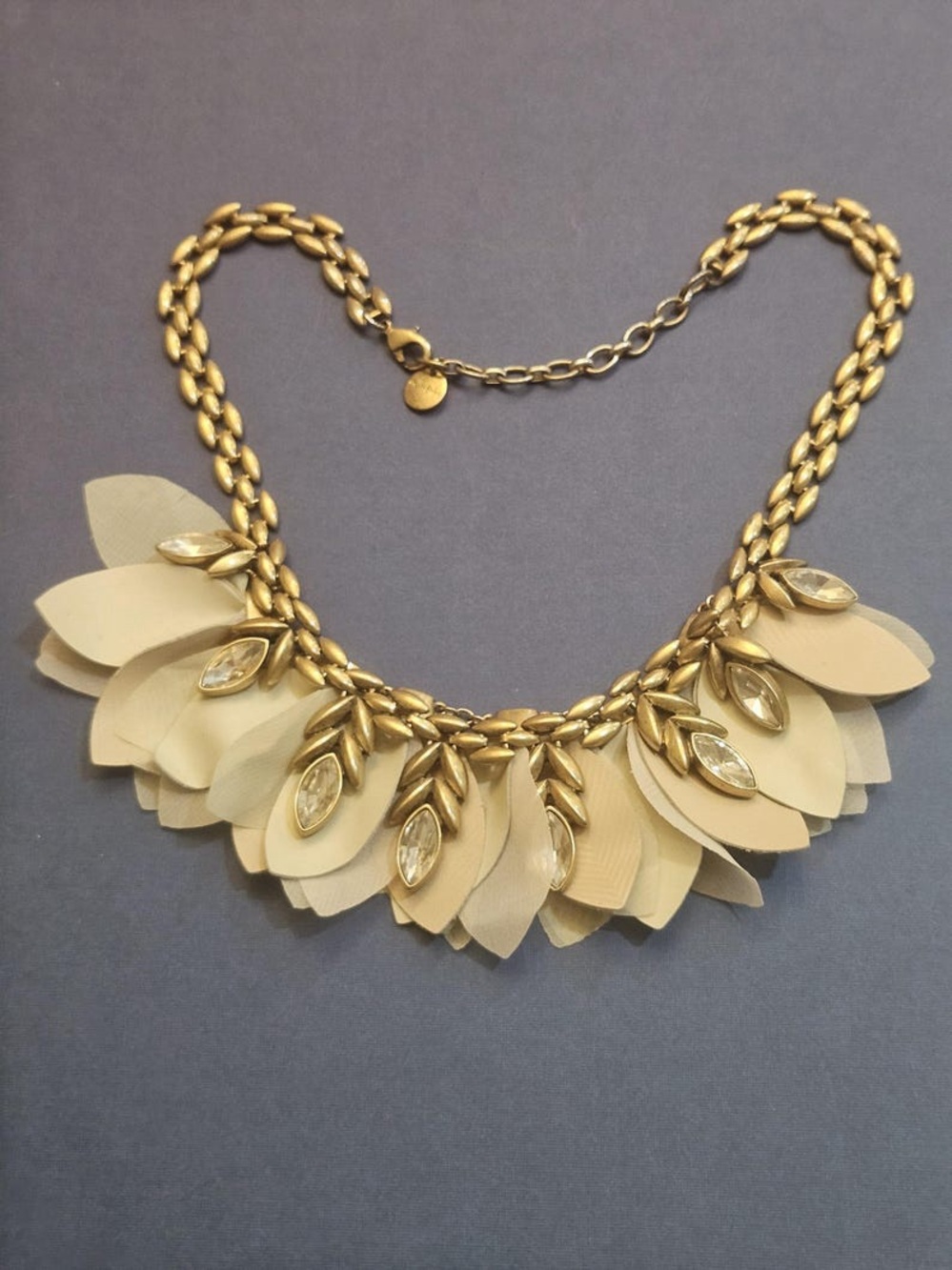 Stella & Dot Antique Gold Crystal Leaf Statement Necklace with Blush & Ivory Pet